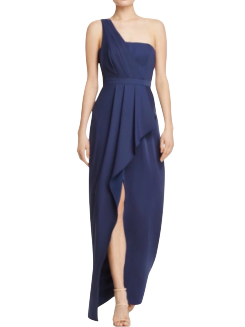 BCBGMaxAzria Navy Kristine One Shoulder Draped Bodice Front Slit Dress (10/12)